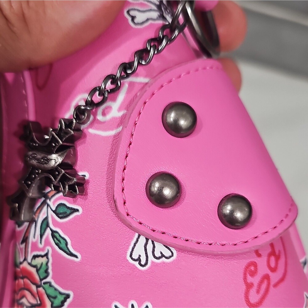 Y2K STYLE - Ed Hardy Pink Stud Shoulder Bag Skull Rose Graphic- see description - Picture 9 of 16